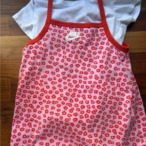 🌸👗 Nike Pink & Red Floral Spaghetti Strap Dress Set – 18–24 Months 💖